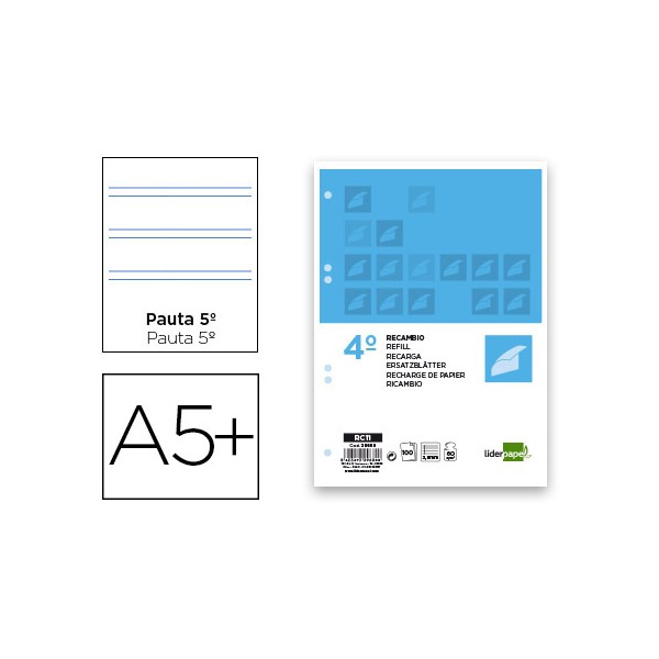 Recambio liderpapel cuarto 100 hojas 60g/m2 pauta 5ª 2.5mm con margen 6 taladros. Recambio liderpapel cuarto 100 hojas 60g/m2 pauta 5ª 2.5mm con margen 6 taladros.