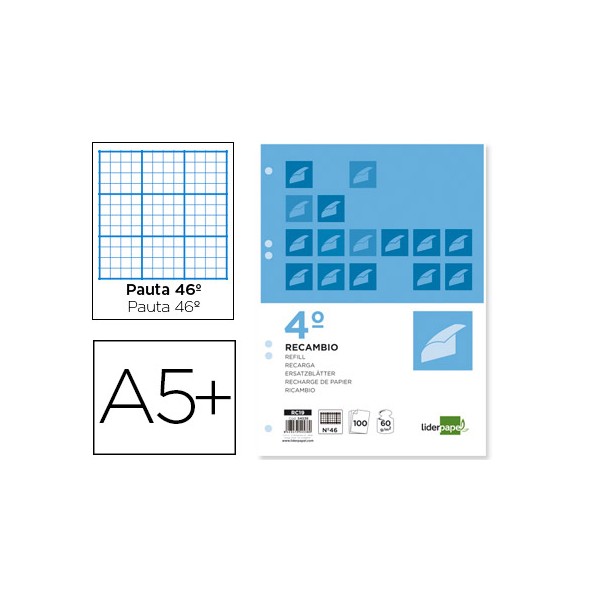 Recambio liderpapel cuarto 100 hojas 60g/m2 rayado nº 46 6 taladros. Recambio liderpapel cuarto 100 hojas 60g/m2 rayado nº 46 6 taladros.