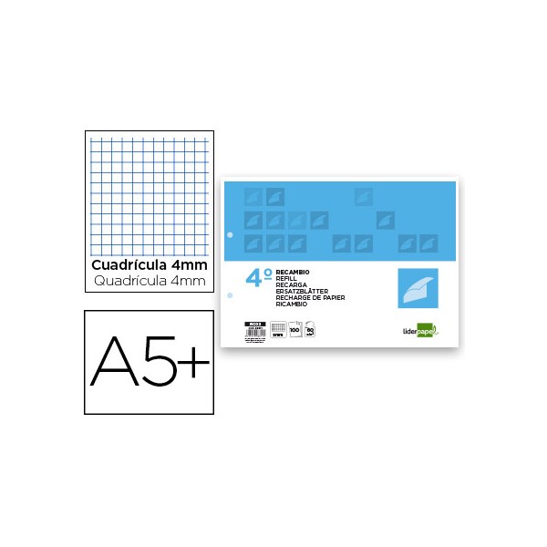 Recambio liderpapel cuarto apaisado 100 h 2tca-06 cuadro 3 mm 2 taladros con margen. Recambio liderpapel cuarto apaisado 100 h 2tca-06 cuadro 3 mm 2 taladros con margen.
