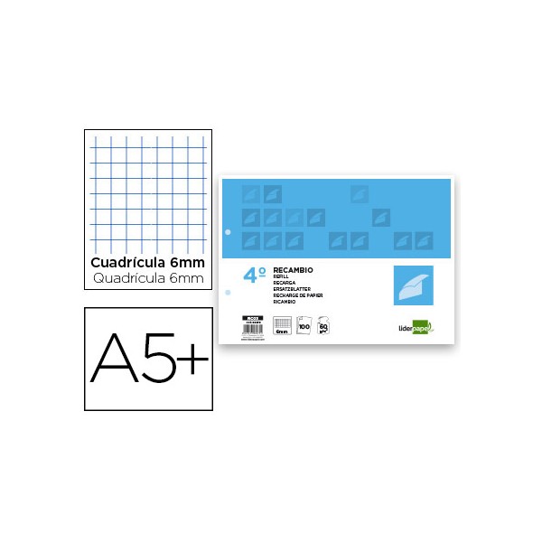 Recambio liderpapel cuarto apaisado 100 h 2tca-07 cuadro 6 mm 2 taladros con margen. Recambio liderpapel cuarto apaisado 100 h 2tca-07 cuadro 6 mm 2 taladros con margen.