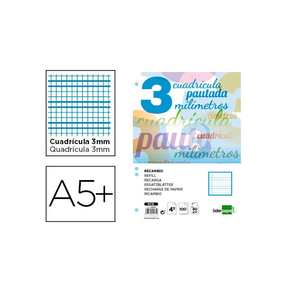 Recambio liderpapel cuarto pautaguia 100 hojas 70 g cuadriculado pautado 3 mm con margen 6 taladros. Recambio liderpapel cuarto pautaguia 100 hojas 70 g cuadriculado pautado 3 mm con margen 6 taladros.