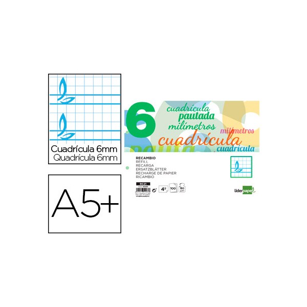 Recambio liderpapel cuarto pautaguia 100 hojas 70 g cuadriculado pautado 6 mm con margen 2 taladros apaisado. Recambio liderpapel cuarto pautaguia 100 hojas 70 g cuadriculado pautado 6 mm con margen 2 taladros apaisado.