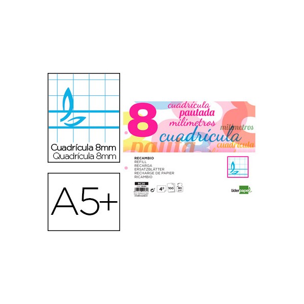 Recambio liderpapel cuarto pautaguia 100 hojas 70 g cuadriculado pautado 8 mm con margen 2 taladros apaisado. Recambio liderpapel cuarto pautaguia 100 hojas 70 g cuadriculado pautado 8 mm con margen 2 taladros apaisado.