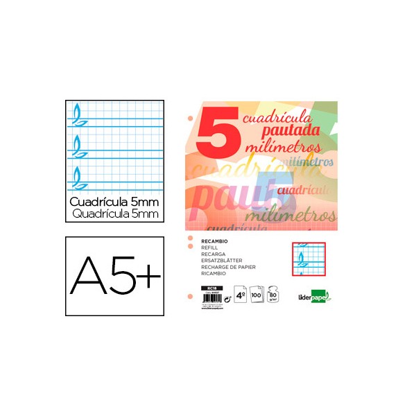 Recambio liderpapel cuarto pautaguia 100 hojas 80 g cuadriculado pautado 5 mm con margen 6 taladros. Recambio liderpapel cuarto pautaguia 100 hojas 80 g cuadriculado pautado 5 mm con margen 6 taladros.