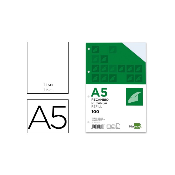 Recambio liderpapel din-a5 100 h liso 6 taladros con margen papel 100 gramos. Recambio liderpapel din-a5 100 h liso 6 taladros con margen papel 100 gramos.