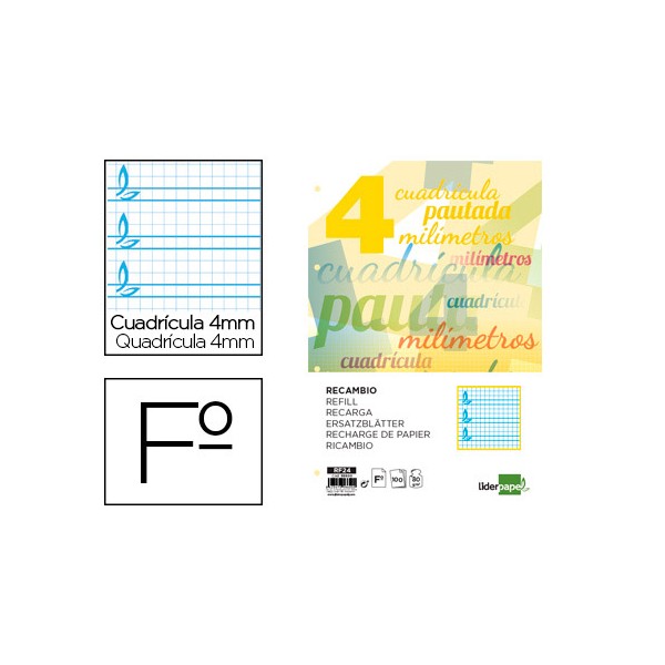 Recambio liderpapel folio pautaguia 100 hojas 80 g cuadriculado pautado 4 mm con margen 4 taladros. Recambio liderpapel folio pautaguia 100 hojas 80 g cuadriculado pautado 4 mm con margen 4 taladros.