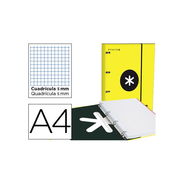 Carpeta con recambio liderpapel antartik a4 cuadro 5 mm forrada 4 anillas 25mm color amarillo. Carpeta con recambio liderpapel antartik a4 cuadro 5 mm forrada 4 anillas 25mm color amarillo.