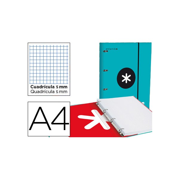 Carpeta con recambio liderpapel antartik a4 cuadro 5 mm forrada 4 anillas 25mm color turquesa. Carpeta con recambio liderpapel antartik a4 cuadro 5 mm forrada 4 anillas 25mm color turquesa.
