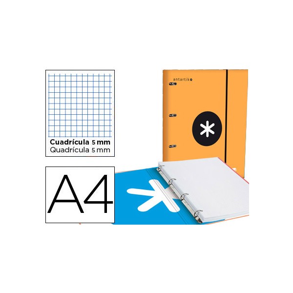 Carpeta con recambio y solapa liderpapel antartik a4 cuadro 5 mm forrada 4 anillas redondas 40mm color naranja. Carpeta con recambio y solapa liderpapel antartik a4 cuadro 5 mm forrada 4 anillas redondas 40mm color naranja.