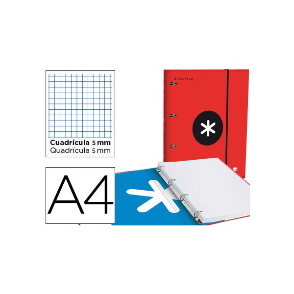 Carpeta con recambio y solapa liderpapel antartik a4 cuadro 5 mm forrada 4 anillas redondas 40mm color rojo. Carpeta con recambio y solapa liderpapel antartik a4 cuadro 5 mm forrada 4 anillas redondas 40mm color rojo.