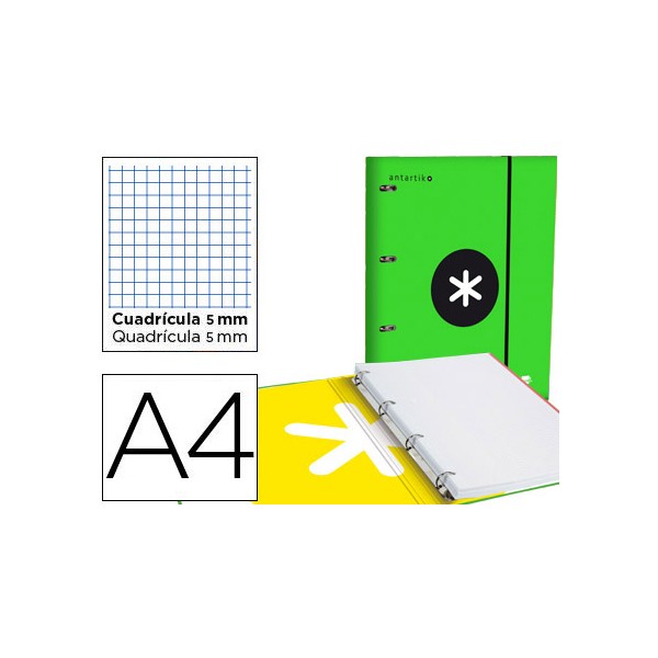 Carpeta con recambio y solapa liderpapel antartik a4 cuadro 5 mm forrada 4 anillas redondas 40mm color verde. Carpeta con recambio y solapa liderpapel antartik a4 cuadro 5 mm forrada 4 anillas redondas 40mm color verde.