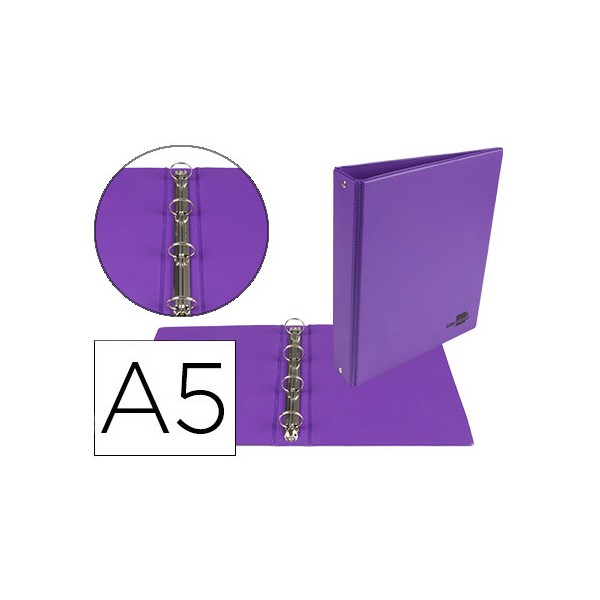 Carpeta de 4 anillas 25 mm redondas liderpapel a5 carton forrado pvc violeta. Carpeta de 4 anillas 25 mm redondas liderpapel a5 carton forrado pvc violeta.