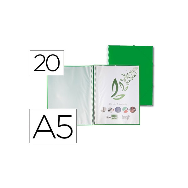 Carpeta liderpapel escaparate con espiral 20 fundas polipropileno din a5 verde. Carpeta liderpapel escaparate con espiral 20 fundas polipropileno din a5 verde.