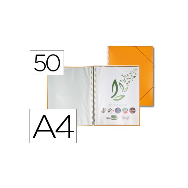 Carpeta liderpapel escaparate con espiral 50 fundas polipropileno din a4 naranja. Carpeta liderpapel escaparate con espiral 50 fundas polipropileno din a4 naranja.