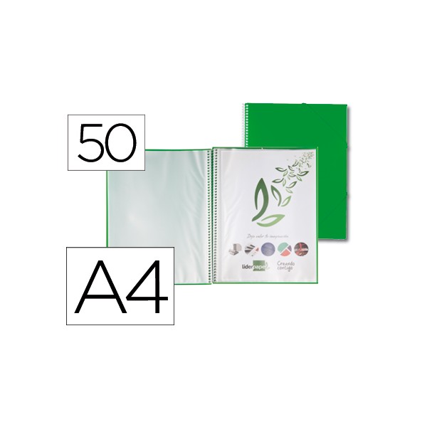 Carpeta liderpapel escaparate con espiral 50 fundas polipropileno din a4 verde. Carpeta liderpapel escaparate con espiral 50 fundas polipropileno din a4 verde.