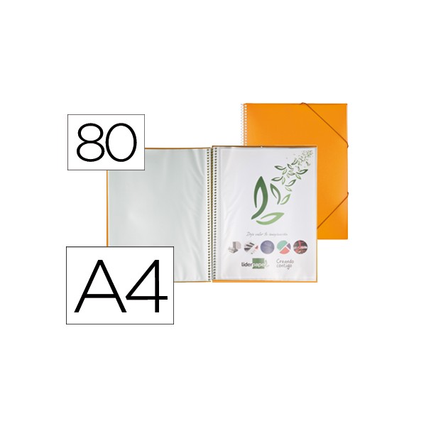 Carpeta liderpapel escaparate con espiral 80 fundas polipropileno din a4 naranja. Carpeta liderpapel escaparate con espiral 80 fundas polipropileno din a4 naranja.