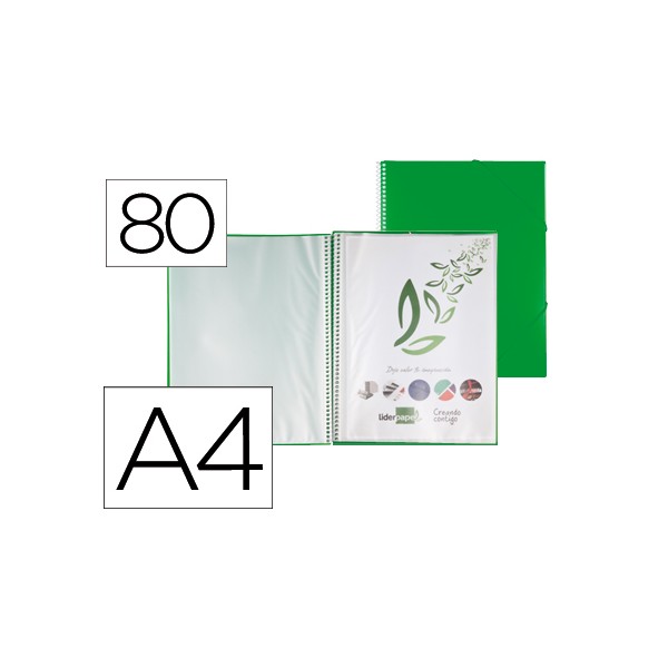 Carpeta liderpapel escaparate con espiral 80 fundas polipropileno din a4 verde. Carpeta liderpapel escaparate con espiral 80 fundas polipropileno din a4 verde.