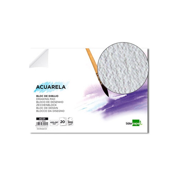Bloc dibujo liderpapel acuarela encolado 297x420mm 20 hojas 300g m2 sin recuadro. Bloc dibujo liderpapel acuarela encolado 297x420mm 20 hojas 300g m2 sin recuadro.