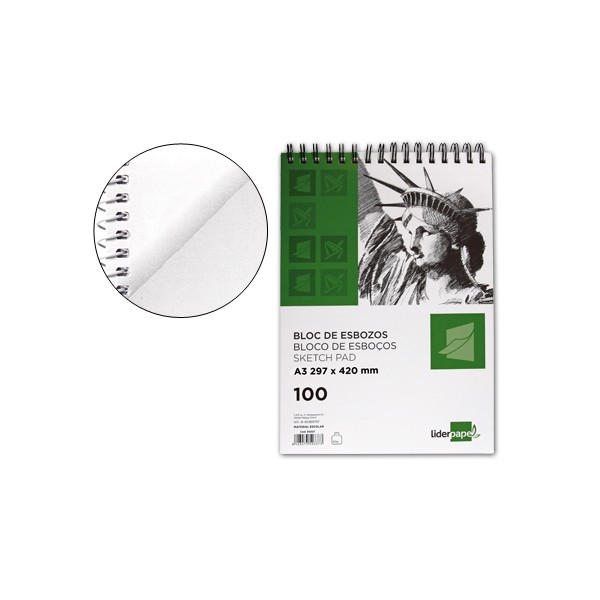 Bloc dibujo liderpapel esbozos espiral a3 297x420mm 100 hojas 90g/m2 sin recuadro. Bloc dibujo liderpapel esbozos espiral a3 297x420mm 100 hojas 90g/m2 sin recuadro.