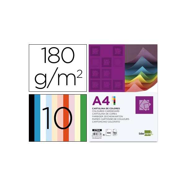 Cartulina liderpapel a4 180g/m2 10 colores surtidos paquete de 100. Cartulina liderpapel a4 180g/m2 10 colores surtidos paquete de 100.