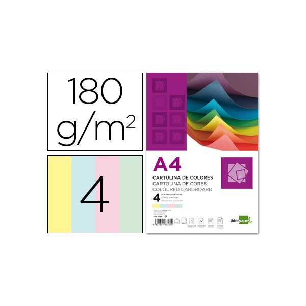Cartulina liderpapel a4 180g/m2 4 colores surtidos paquete de 100. Cartulina liderpapel a4 180g/m2 4 colores surtidos paquete de 100.