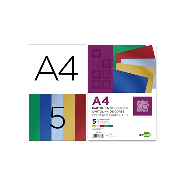 Cartulina liderpapel a4 235 g/m2 metalizada 5 colores surtidos paquete de 50. Cartulina liderpapel a4 235 g/m2 metalizada 5 colores surtidos paquete de 50.
