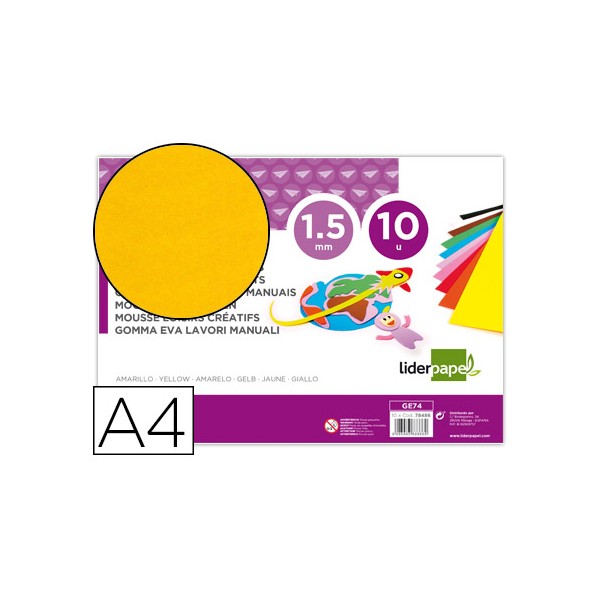 Goma eva liderpapel din a4 60g/m2 espesor 1,5mm amarillo paquete de 10 hojas. Goma eva liderpapel din a4 60g/m2 espesor 1,5mm amarillo paquete de 10 hojas.