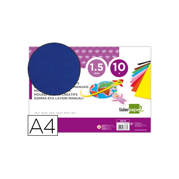 Goma eva liderpapel din a4 60g/m2 espesor 1,5mm azul paquete de 10 hojas. Goma eva liderpapel din a4 60g/m2 espesor 1,5mm azul paquete de 10 hojas.