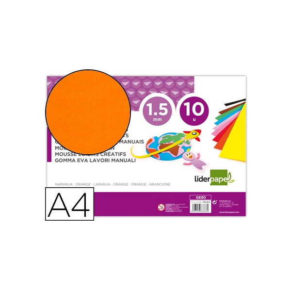 Goma eva liderpapel din a4 60g/m2 espesor 1,5mm naranja paquete de 10 hojas. Goma eva liderpapel din a4 60g/m2 espesor 1,5mm naranja paquete de 10 hojas.