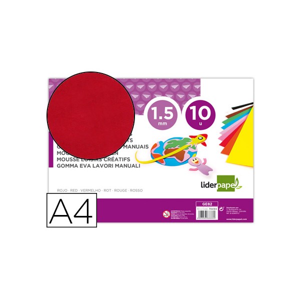 Goma eva liderpapel din a4 60g/m2 espesor 1,5mm rojo paquete de 10 hojas. Goma eva liderpapel din a4 60g/m2 espesor 1,5mm rojo paquete de 10 hojas.