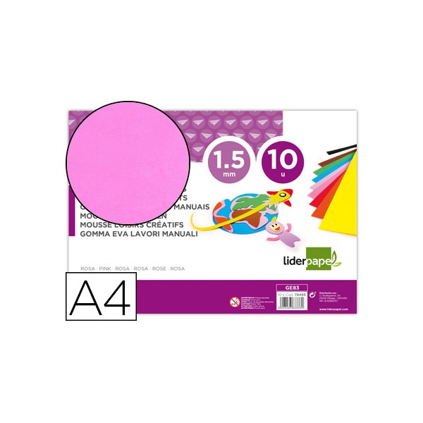 Goma eva liderpapel din a4 60g/m2 espesor 1,5mm rosa paquete de 10 hojas. Goma eva liderpapel din a4 60g/m2 espesor 1,5mm rosa paquete de 10 hojas.
