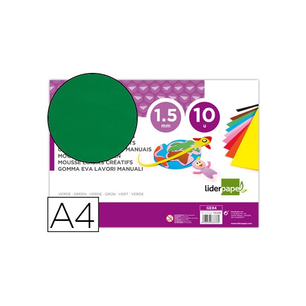 Goma eva liderpapel din a4 60g/m2 espesor 1,5mm verde paquete de 10 hojas. Goma eva liderpapel din a4 60g/m2 espesor 1,5mm verde paquete de 10 hojas.