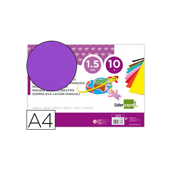 Goma eva liderpapel din a4 60g/m2 espesor 1,5mm violeta paquete de 10 hojas. Goma eva liderpapel din a4 60g/m2 espesor 1,5mm violeta paquete de 10 hojas.