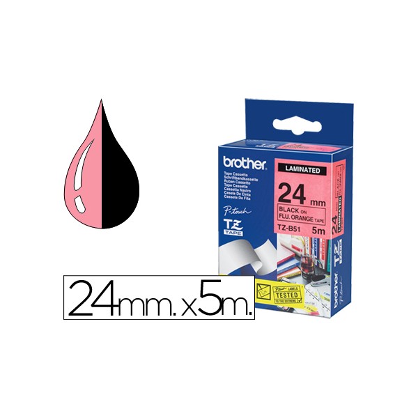 Cinta brother tzeb51 laminada naranja/fluorescente-negro 24 mm x 5mt. Cinta brother tzeb51 laminada naranja/fluorescente-negro 24 mm x 5mt.