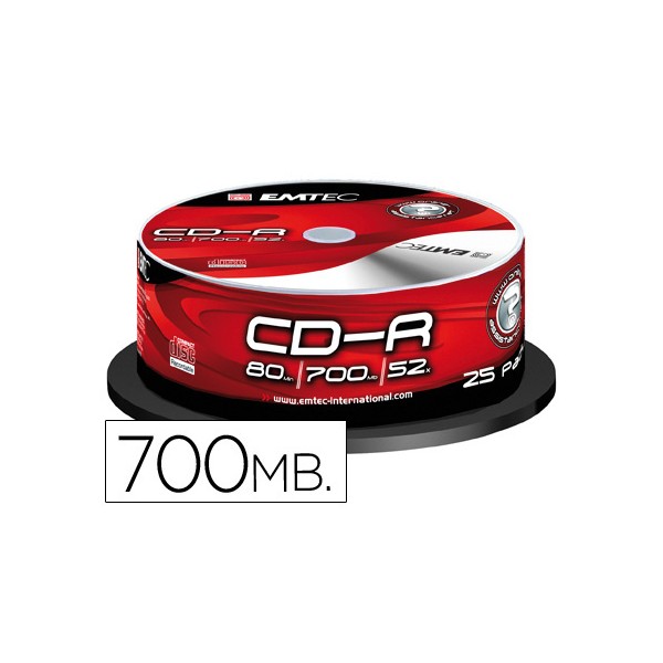 Cd-r emtec capacidad 700mb dur acion 80min velocidad 52x bote 25 unidades. Cd-r emtec capacidad 700mb dur acion 80min velocidad 52x bote 25 unidades.