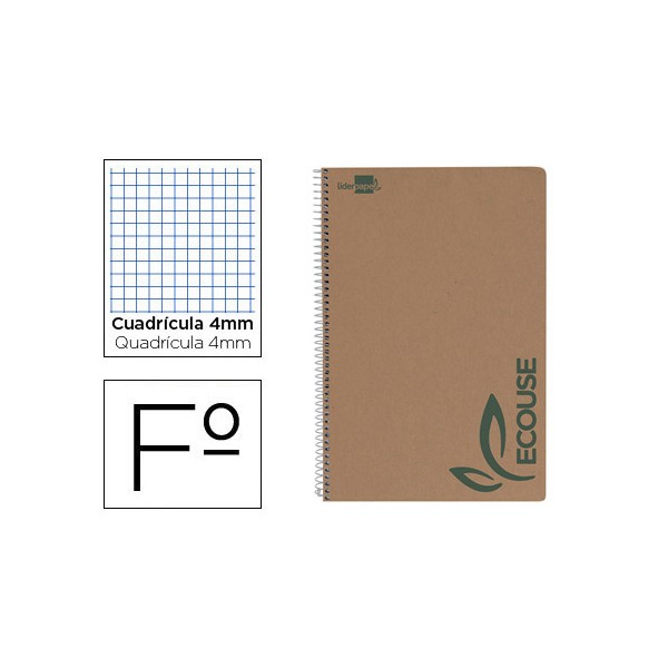 Cuaderno espiral liderpapel folio ecouse tapa cartulina kraft 80h papel reciclado 60 gr cuadro 4mm con margen. Cuaderno espiral liderpapel folio ecouse tapa cartulina kraft 80h papel reciclado 60 gr cuadro 4mm con margen.