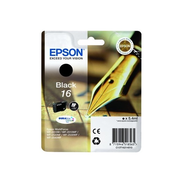 EPSON 16 NOIR ORIGINAL ref. T1621 pour imprimantes Epson WorkForce WF-2010W, WF-2510, WF-2520NF, WF-2530WF, WF-2540WF EPSON 16 NOIR ORIGINAL ref. T1621 pour imprimantes Epson WorkForce WF-2010W, WF-2510, WF-2520NF, WF-2530WF, WF-2540WF