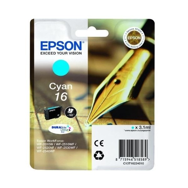 EPSON 16 CYAN ORIGINAL ref. T1622 pour imprimantes Epson WorkForce WF-2010W, WF-2510, WF-2520NF, WF-2530WF, WF-2540WF EPSON 16 CYAN ORIGINAL ref. T1622 pour imprimantes Epson WorkForce WF-2010W, WF-2510, WF-2520NF, WF-2530WF, WF-2540WF