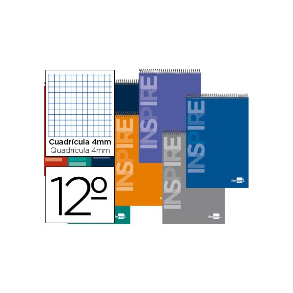 Cuaderno espiral liderpapel bolsillo doceavo apaisado inspire tapa dura 80h 60 gr cuadro 4mm colores surtidos. Cuaderno espiral liderpapel bolsillo doceavo apaisado inspire tapa dura 80h 60 gr cuadro 4mm colores surtidos.