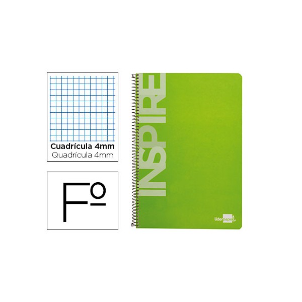 Cuaderno espiral liderpapel folio inspire tapa dura 80h 60 gr cuadro 4mm con margen color verde claro. Cuaderno espiral liderpapel folio inspire tapa dura 80h 60 gr cuadro 4mm con margen color verde claro.