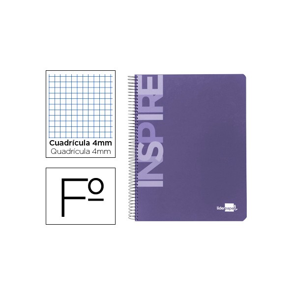 Cuaderno espiral liderpapel folio inspire tapa dura 80h 60 gr cuadro 4mm con margen violeta. Cuaderno espiral liderpapel folio inspire tapa dura 80h 60 gr cuadro 4mm con margen violeta.