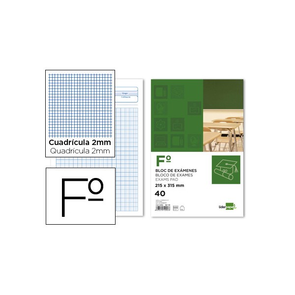 Bloc examenes liderpapel cuadro 2mm folio 40 hojas 60g/m2. Bloc examenes liderpapel cuadro 2mm folio 40 hojas 60g/m2.