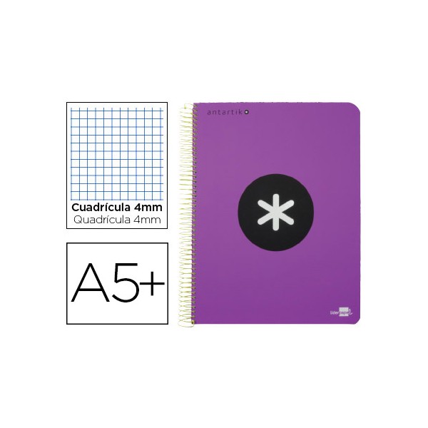Cuaderno espiral liderpapel a5 antartik tapa dura 80h 100 gr cuadro 5mm con margen color violeta. Cuaderno espiral liderpapel a5 antartik tapa dura 80h 100 gr cuadro 5mm con margen color violeta.