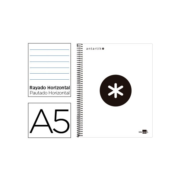 Cuaderno espiral liderpapel a5 micro antartik tapa forrada 120h 100 gr horizontal 5 bandas 6 taladros color blanco. Cuaderno espiral liderpapel a5 micro antartik tapa forrada 120h 100 gr horizontal 5 bandas 6 taladros color blanco.
