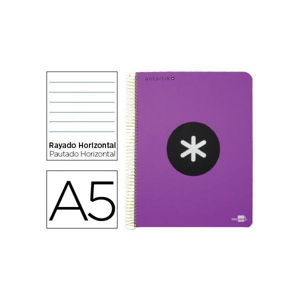 Cuaderno espiral liderpapel a5 micro antartik tapa plastico 120h 100 gr horizontal 5 bandas 6 taladros color violeta. Cuaderno espiral liderpapel a5 micro antartik tapa plastico 120h 100 gr horizontal 5 bandas 6 taladros color violeta.