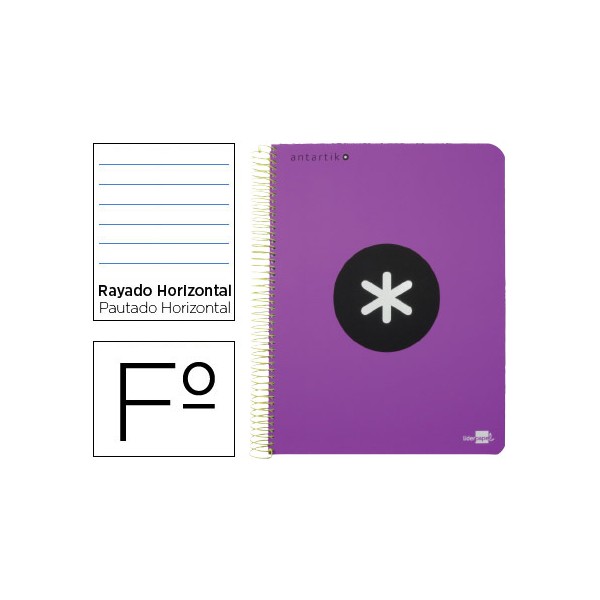 Cuaderno espiral liderpapel folio antartik tapa plastico 80h 100 gr horizontal con margen color violeta. Cuaderno espiral liderpapel folio antartik tapa plastico 80h 100 gr horizontal con margen color violeta.