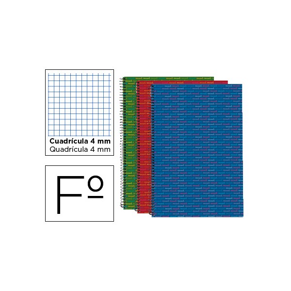 Cuaderno espiral liderpapel folio multilider tapa forrada 80h 80 gr cuadro 4mm con margen colores surtidos. Cuaderno espiral liderpapel folio multilider tapa forrada 80h 80 gr cuadro 4mm con margen colores surtidos.