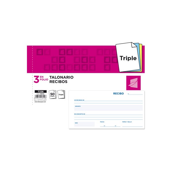 Talonario liderpapel recibos 3/fº apaisado original y 2 copias sin matriz. Talonario liderpapel recibos 3/fº apaisado original y 2 copias sin matriz.