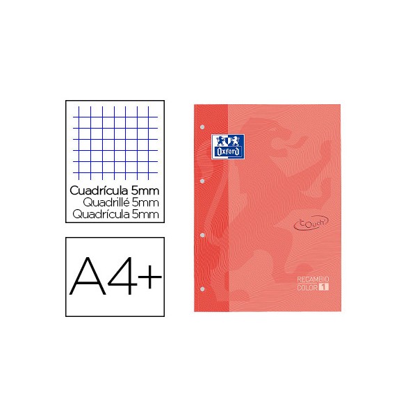 Recambio color 1 oxford din a4+ 80 hojas 90 gr cuadricula 5 mm tapa blanda 4 taladros coral touch. Recambio color 1 oxford din a4+ 80 hojas 90 gr cuadricula 5 mm tapa blanda 4 taladros coral touch.