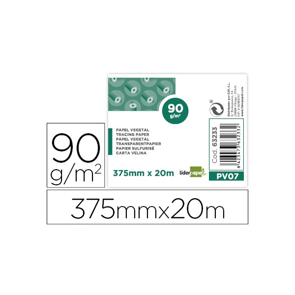 Papel dibujo liderpapel 375mmx20m 50g/m2 vegetal rollo. Papel dibujo liderpapel 375mmx20m 50g/m2 vegetal rollo.
